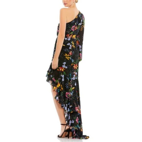 Mac Duggal 55668 Black Floral One Shoulder Cut Out Maxi Dress Formal NWT Sz 0 - Picture 4 of 10
